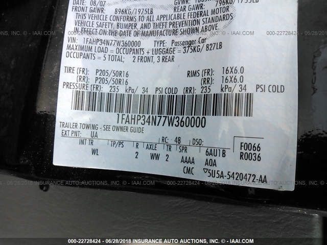 1FAHP34N77W360000 - 2007 FORD FOCUS ZX4/S/SE/SES 黑色 照片 9