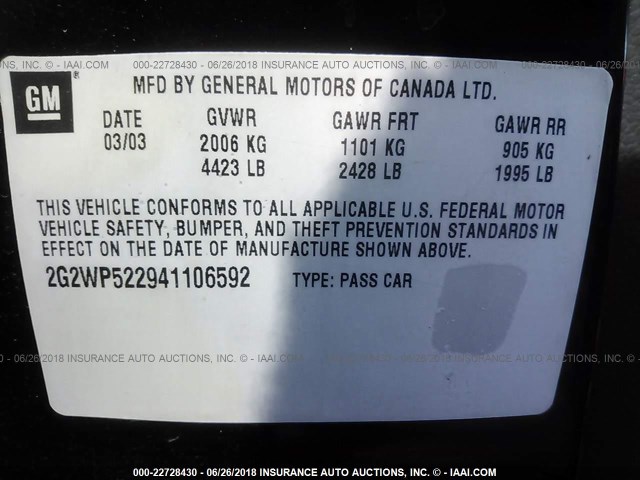 2G2WP522941106592 - 2004 PONTIAC GRAND PRIX GT BLACK photo 9