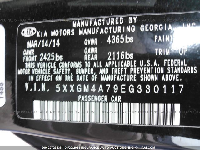 5XXGM4A79EG330117 - 2014 KIA OPTIMA LX 黑色 照片 9