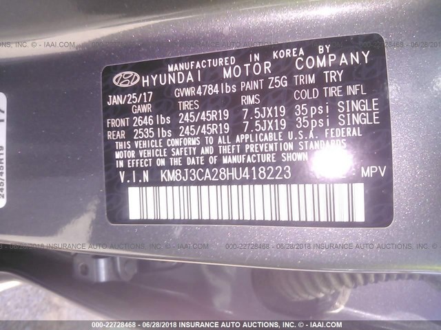 KM8J3CA28HU418223 - 2017 HYUNDAI TUCSON LIMITED/SPORT AND ECO/SE GRAY photo 9