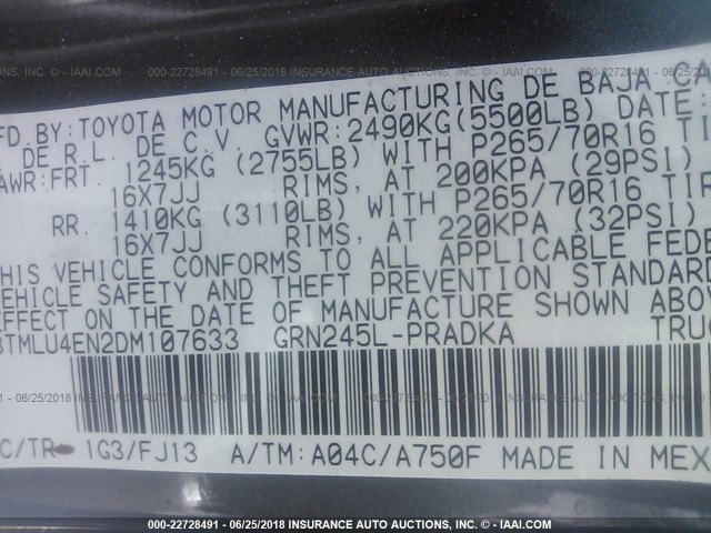 3TMLU4EN2DM107633 - 2013 TOYOTA TACOMA DOUBLE CAB ნაცრისფერი ფოტო 9