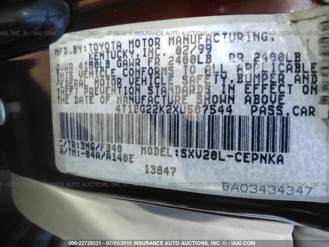 4T1BG22K2XU507544 - 1999 TOYOTA CAMRY CE/LE/XLE RED photo 9