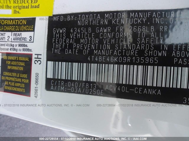 4T4BE46K09R135965 - 2009 TOYOTA CAMRY SE/LE/XLE თეთრი ფოტო 9