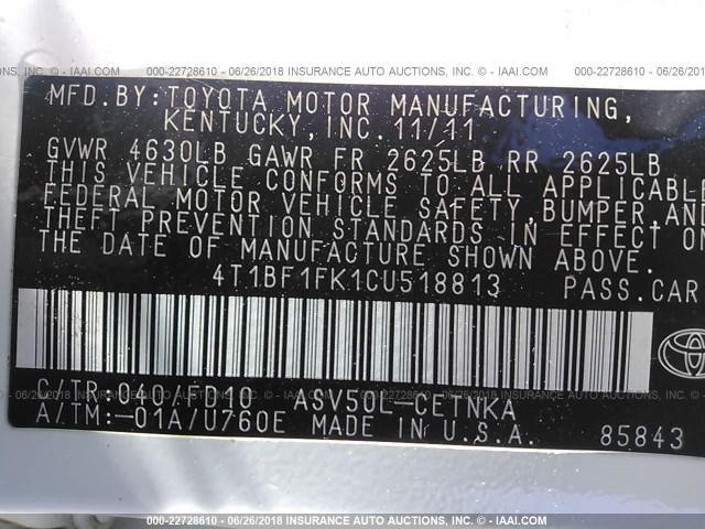4T1BF1FK1CU518813 - 2012 TOYOTA CAMRY SE/LE/XLE WHITE photo 9