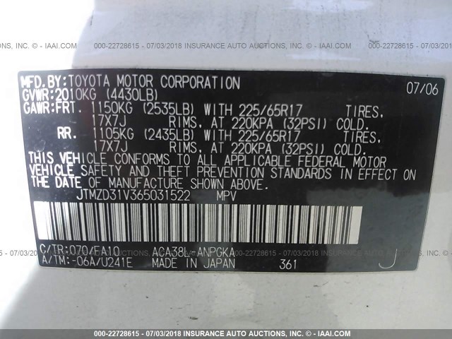 JTMZD31V365031522 - 2006 TOYOTA RAV4 LIMITED WHITE photo 9