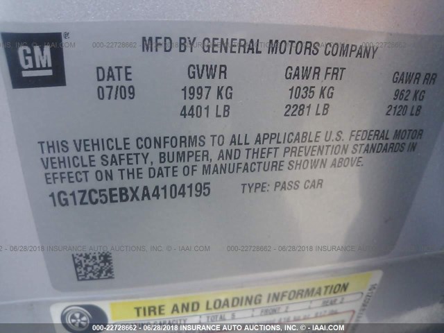 1G1ZC5EBXA4104195 - 2010 CHEVROLET MALIBU 1LT 银色 照片 9