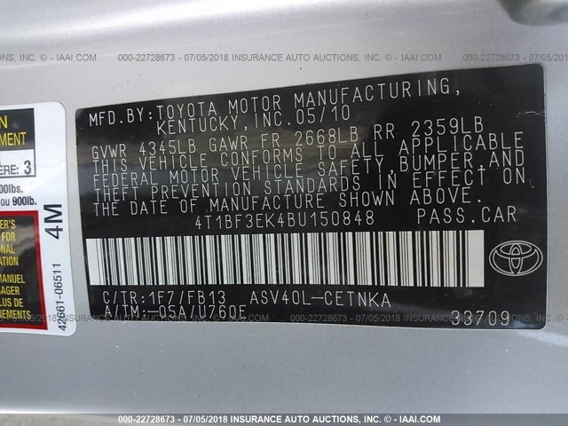 4T1BF3EK4BU150848 - 2011 TOYOTA CAMRY SE/LE/XLE SILVER photo 9