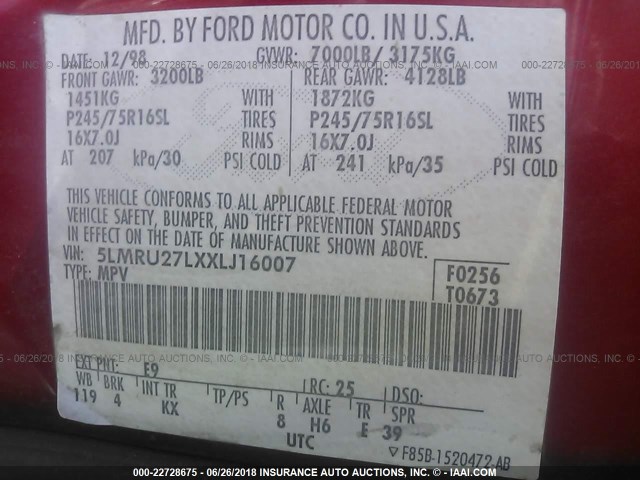 5LMRU27LXXLJ16007 - 1999 LINCOLN NAVIGATOR MAROON photo 9