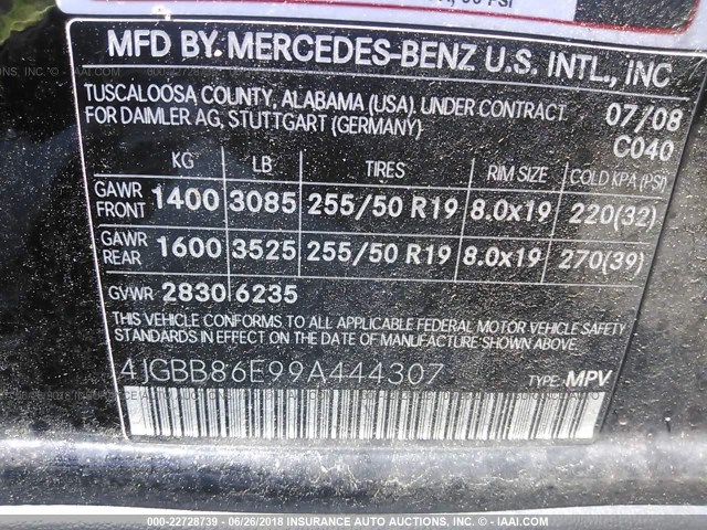 4JGBB86E99A444307 - 2009 MERCEDES-BENZ ML 350 BLACK photo 9