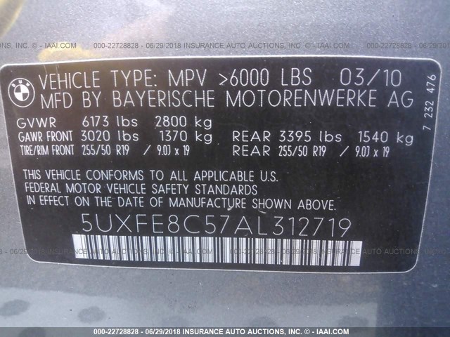 5UXFE8C57AL312719 - 2010 BMW X5 XDRIVE48I 灰色 照片 9