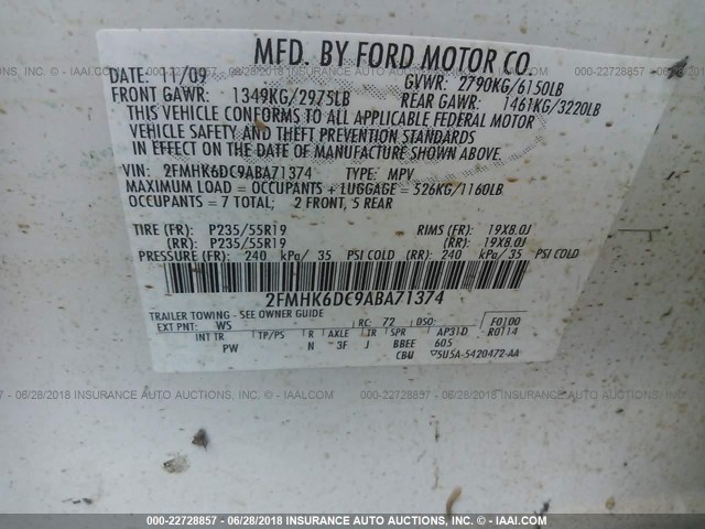 2FMHK6DC9ABA71374 - 2010 FORD FLEX LIMITED WHITE photo 9