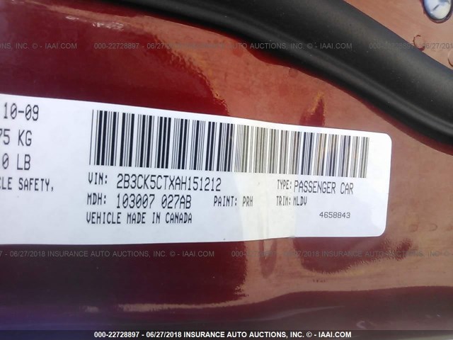 2B3CK5CTXAH151212 - 2010 DODGE CHARGER R/T RED photo 9