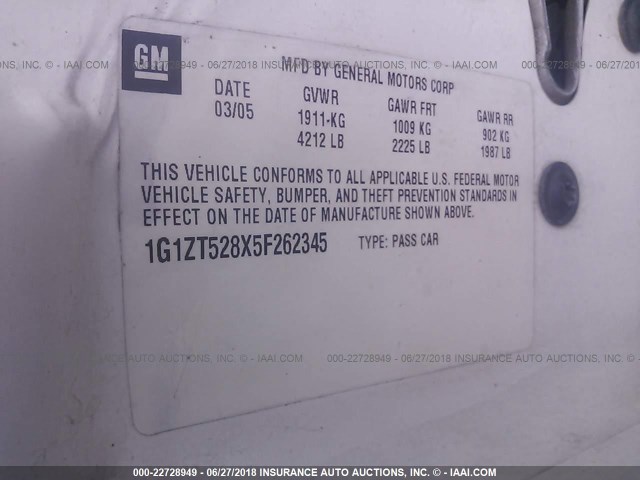 1G1ZT528X5F262345 - 2005 CHEVROLET MALIBU LS 白色 照片 9