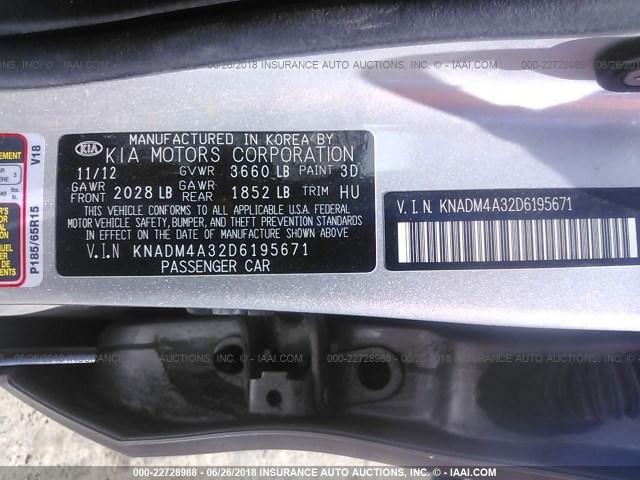 KNADM4A32D6195671 - 2013 KIA RIO LX SILVER photo 9