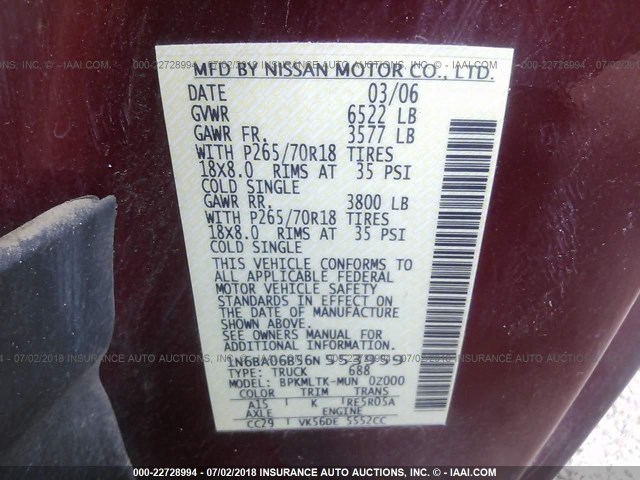 1N6BA06B56N553959 - 2006 NISSAN TITAN XE/SE/LE RED photo 9