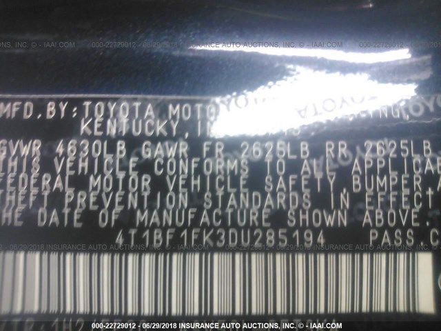 4T1BF1FK3DU285194 - 2013 TOYOTA CAMRY L/SE/LE/XLE 灰色 照片 9