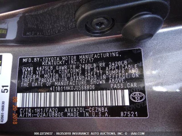 4T1B11HK0JU568806 - 2018 TOYOTA CAMRY L/LE/XLE/SE/XSE GRAY photo 15