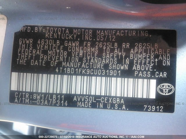 4T1BD1FK9CU031901 - 2012 TOYOTA CAMRY HYBRID/LE/XLE 浅蓝色 照片 9