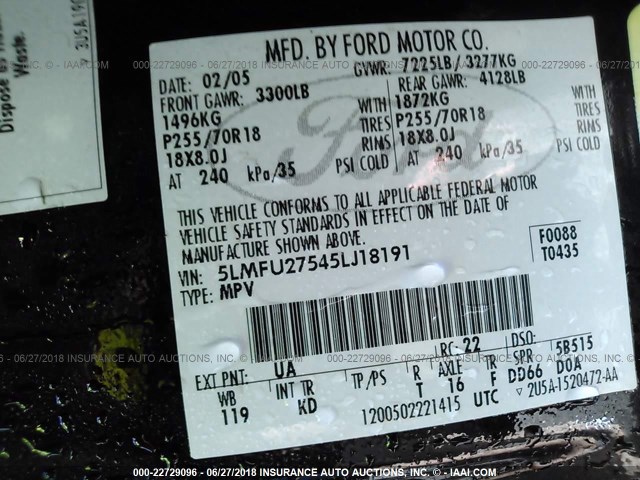 5LMFU27545LJ18191 - 2005 LINCOLN NAVIGATOR BLACK photo 9