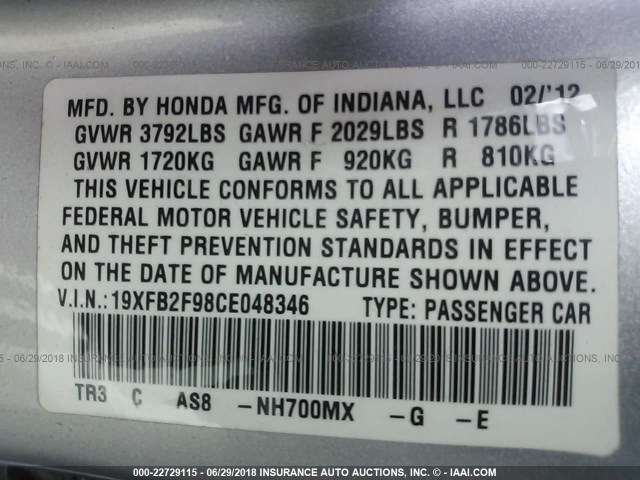 19XFB2F98CE048346 - 2012 HONDA CIVIC EXL Gümüş foto 9
