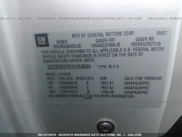 5GZEV23757J164584 - 2007 SATURN OUTLOOK XR ვერცხლისფერი ფოტო 9