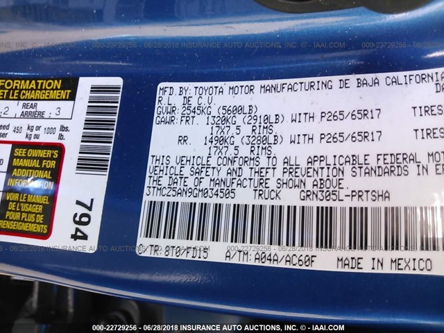 3TMCZ5AN9GM034505 - 2016 TOYOTA TACOMA DBL CAB/SR/SR5/TRD SPT/OR BLUE photo 9