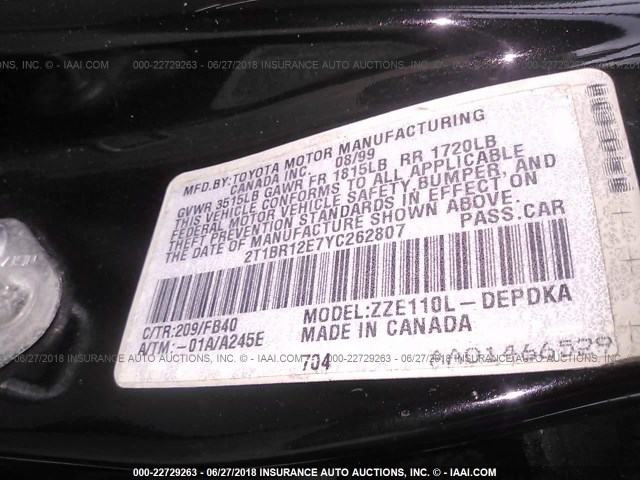 2T1BR12E7YC262807 - 2000 TOYOTA COROLLA VE/CE/LE 黑色 照片 9