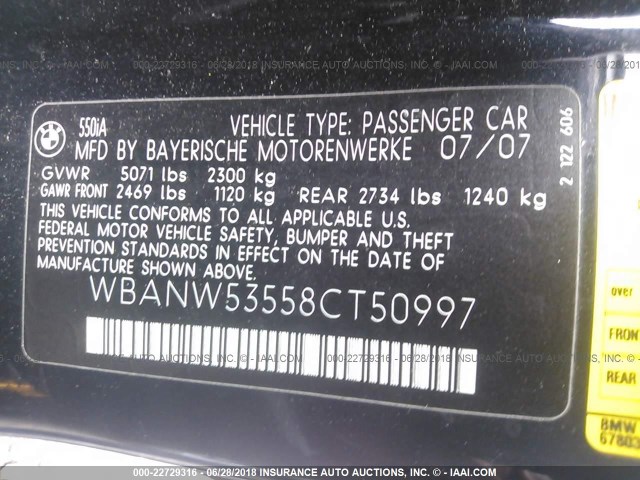 WBANW53558CT50997 - 2008 BMW 550 I BLUE photo 9