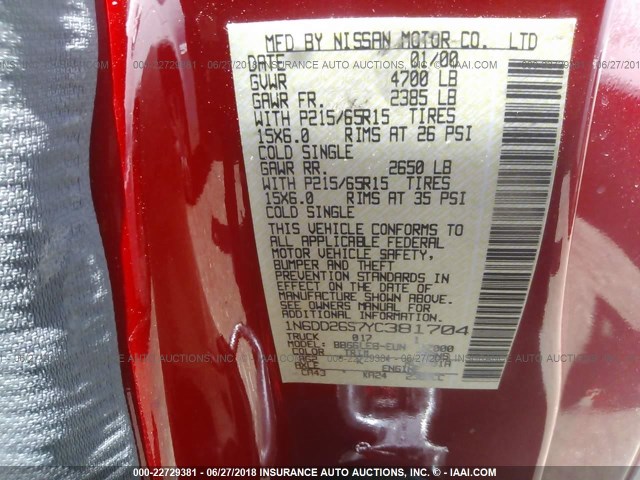 1N6DD26S7YC381704 - 2000 NISSAN FRONTIER KING CAB XE RED photo 9