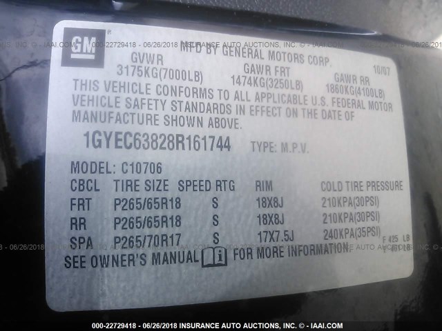 1GYEC63828R161744 - 2008 CADILLAC ESCALADE LUXURY შავი ფოტო 9