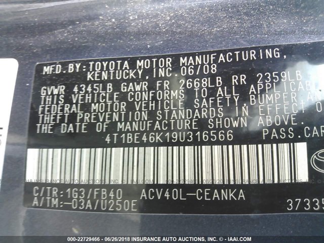 4T1BE46K19U316566 - 2009 TOYOTA CAMRY SE/LE/XLE 黑色 照片 9