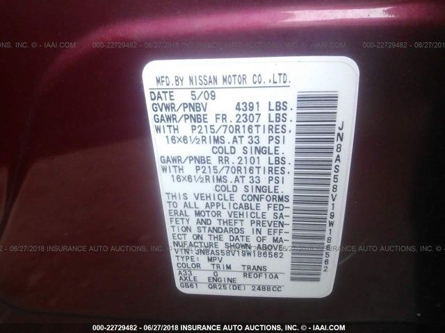 JN8AS58V19W186562 - 2009 NISSAN ROGUE S/SL RED photo 9