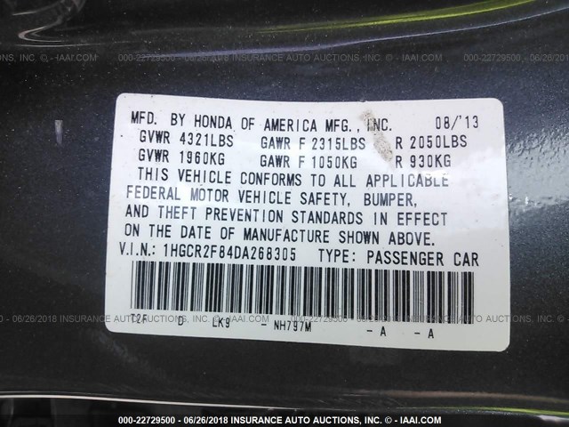 1HGCR2F84DA268305 - 2013 HONDA ACCORD EXL GRAY photo 9