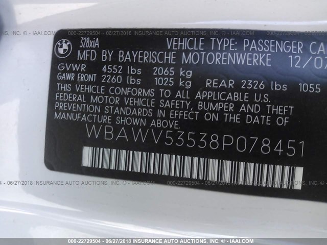 WBAWV53538P078451 - 2008 BMW 328 XI SULEV WHITE photo 9