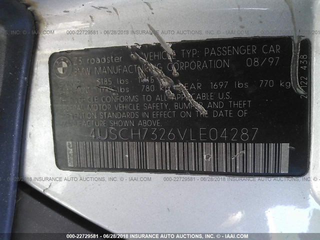 4USCH7326VLE04287 - 1997 BMW Z3 1.9 Արծաթագույն լուսանկար 9
