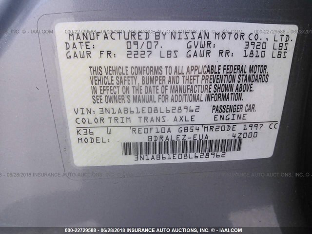 3N1AB61E08L628962 - 2008 NISSAN SENTRA 2.0/2.0S/2.0SL GRAY photo 9