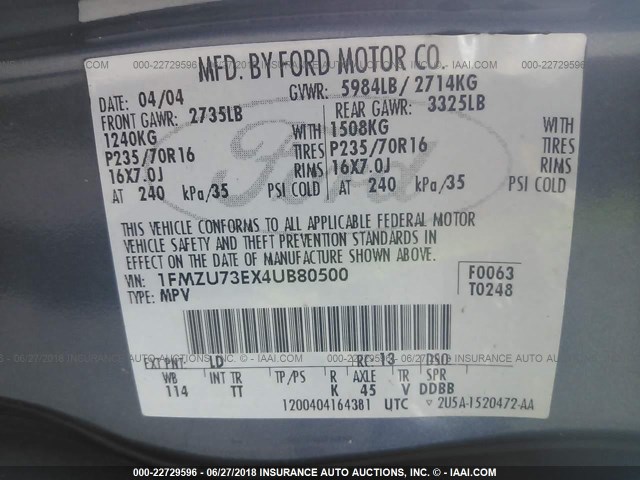 1FMZU73EX4UB80500 - 2004 FORD EXPLORER XLT/XLT SPORT/NBX 蓝色 照片 9