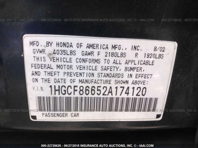 1HGCF86652A174120 - 2002 HONDA ACCORD VALUE BLUE photo 9