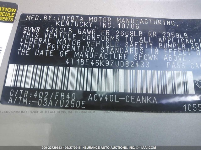 4T1BE46K97U082433 - 2007 TOYOTA CAMRY NEW GENERAT CE/LE/XLE/SE GOLD photo 9