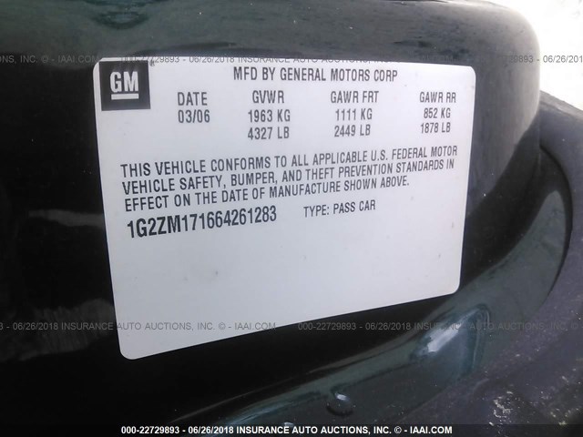 1G2ZM171664261283 - 2006 PONTIAC G6 GTP GREEN photo 9