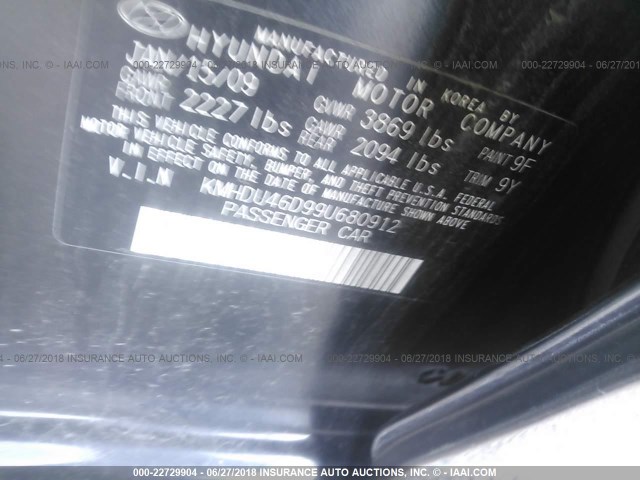 KMHDU46D99U680912 - 2009 HYUNDAI ELANTRA GLS/SE BLACK photo 9