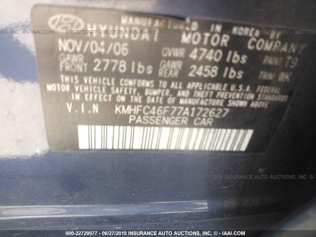 KMHFC46F77A172627 - 2007 HYUNDAI AZERA SE/LIMITED BLUE photo 9