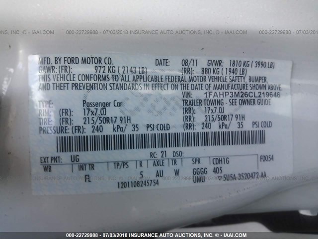 1FAHP3M26CL219646 - 2012 FORD FOCUS SEL WHITE photo 9