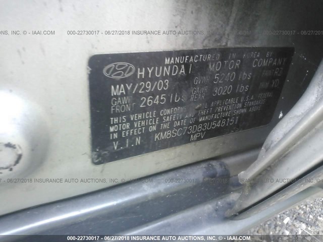 KM8SC73D83U548151 - 2003 HYUNDAI SANTA FE GLS/LX SILVER photo 9