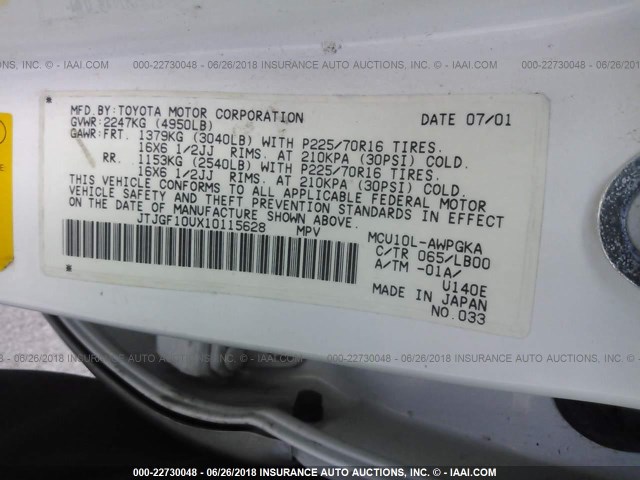 JTJGF10UX10115628 - 2001 LEXUS RX 300 WHITE photo 9