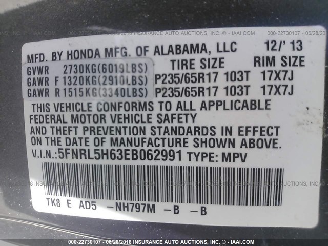 5FNRL5H63EB062991 - 2014 HONDA ODYSSEY EXL GRAY photo 9