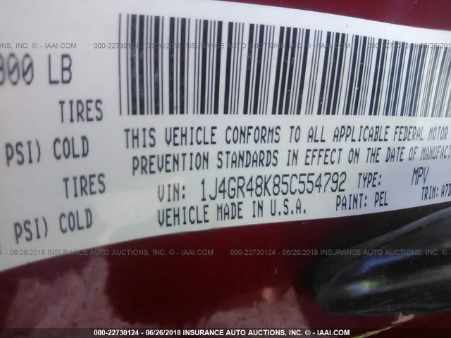 1J4GR48K85C554792 - 2005 JEEP GRAND CHEROKEE LAREDO/COLUMBIA/FREEDOM 红色 照片 9