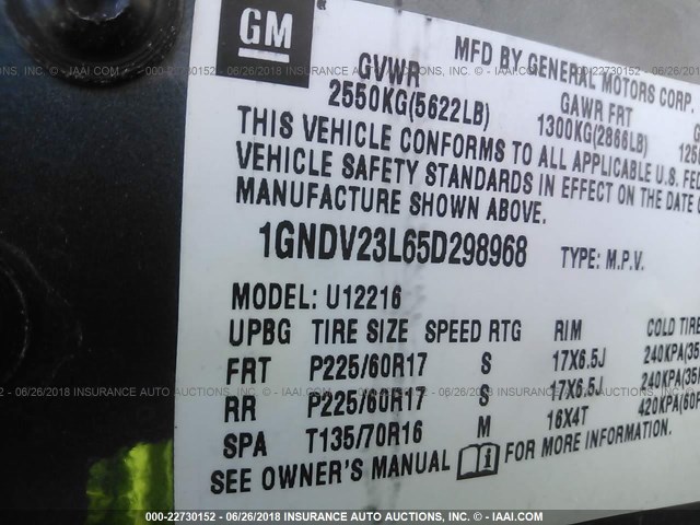 1GNDV23L65D298968 - 2005 CHEVROLET UPLANDER LS GRAY photo 9