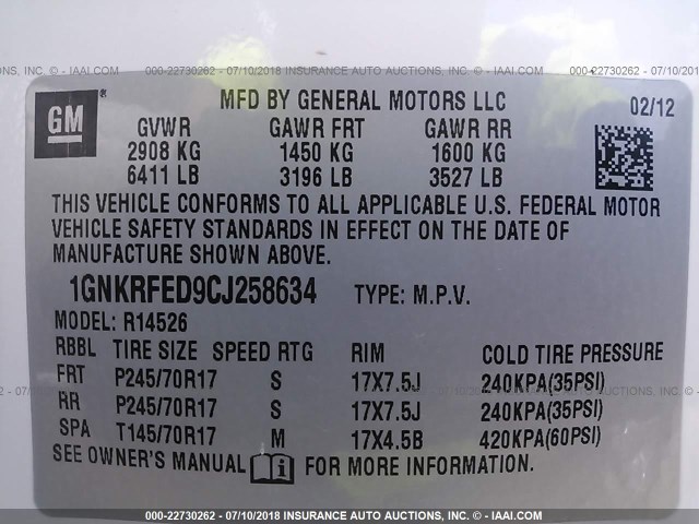 1GNKRFED9CJ258634 - 2012 CHEVROLET TRAVERSE LS WHITE photo 9