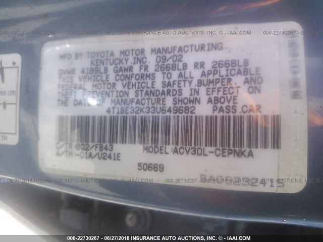 4T1BE32K33U649682 - 2003 TOYOTA CAMRY LE/XLE/SE ღია ლურჯი ფოტო 9